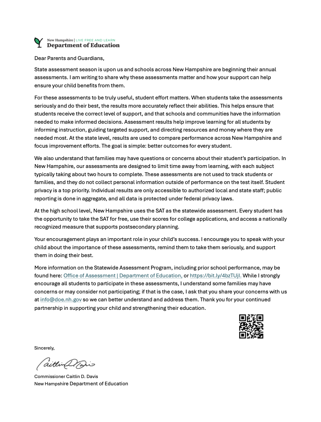 Letter from Commissioner Caitlin Davis